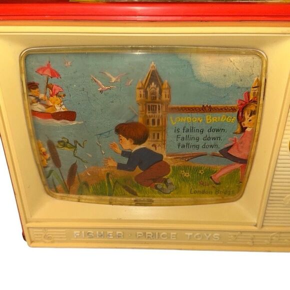 Antique Fisher Price Red Yellow Vintage 1966 Scrolling Picture TV Music Box 10"x